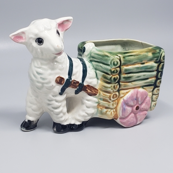 Vintage Lamb With A Cart Figure Planter - Picture 6 of 10